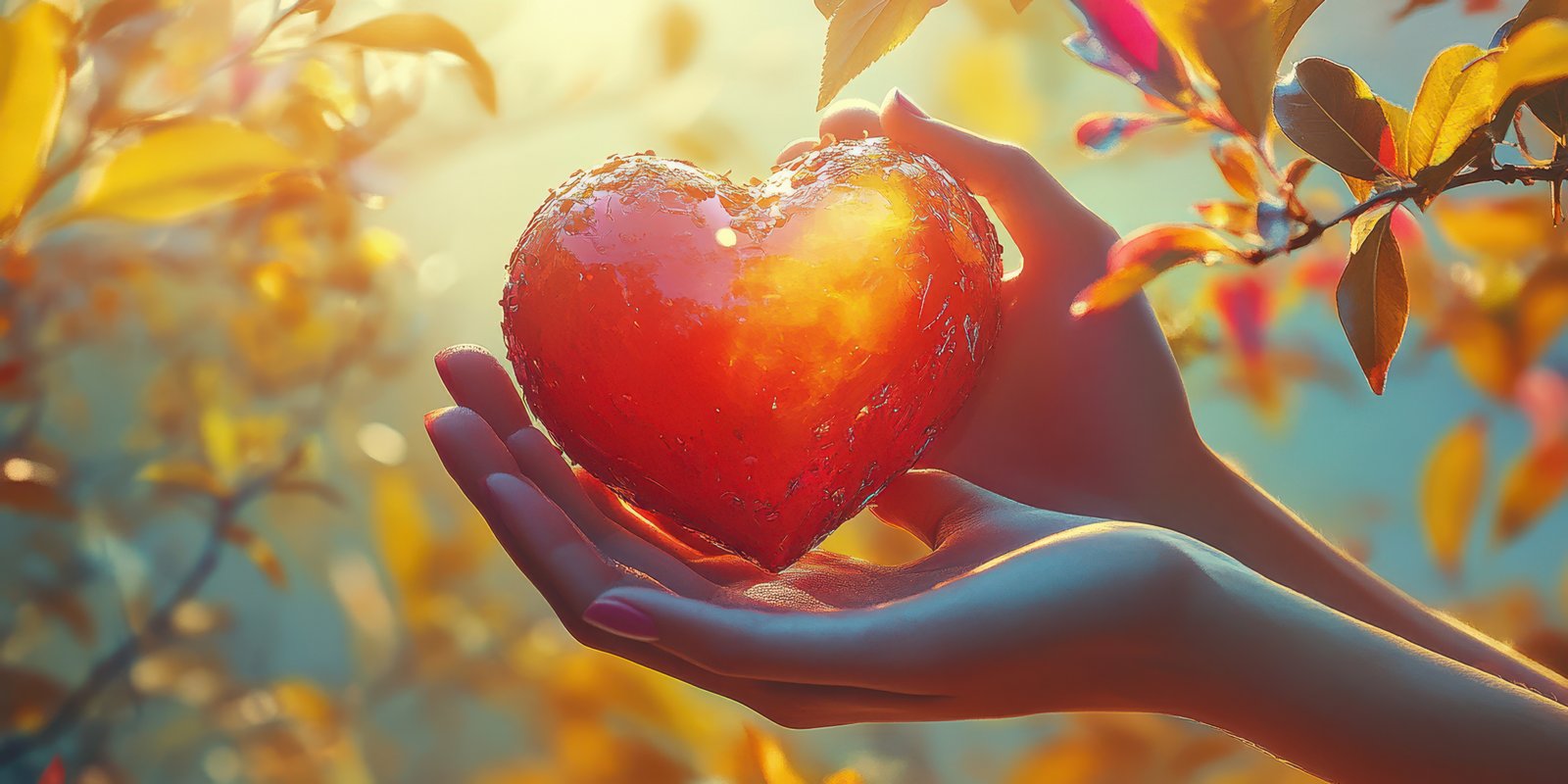 Hands holding a glowing heart-shaped object surrounded by autumn leaves during golden hour